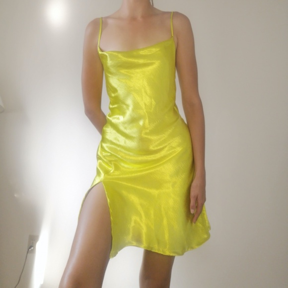 Size small Silky Neon yellow cowl neck slip dress - Picture 1 of 3